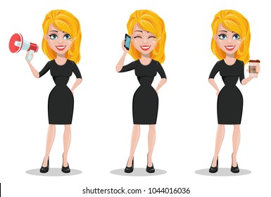 Beautiful business woman. Set with blonde businesswoman in formal wear with a loudspeaker, with smartphone and with coffee. Cute cartoon character. Vector illustration.