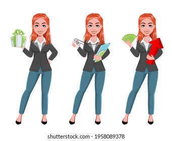 Beautiful business woman, set of three poses. Cheerful businesswoman cartoon character, smiling lady. Stock vector illustration on white background