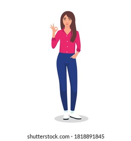 Beautiful business woman showing or gesturing okay, OK sign. Woman in formal shirt isolated white background. Businesswoman concept illustration in vector cartoon style.