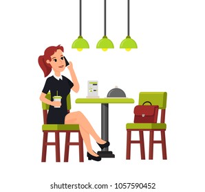 Beautiful business woman sitting in cafe and drinking coffee in coffee-break. Office girl speak on mobile phone. At table are standing menu and dish. Cafe interior. Flat vector character illustration.