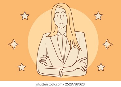 Beautiful Business woman smiling gleefully Hand drawn style vector design illustrations, feeling happy, satisfied and relaxed, with crossed arms, 