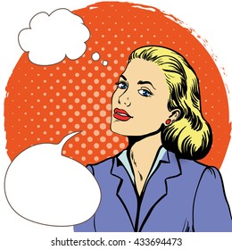 Beautiful business woman with speech bubble and thinking cloud. Vector pop art retro comic illustration. Circle background
