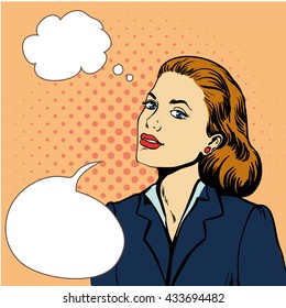 Beautiful business woman with speech bubble and thinking cloud. Vector pop art retro vintage comic illustration.