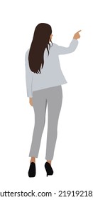 Beautiful business woman standing back view and pointing to something. Young lady boss wearing gray formal suit and high heels. Brunet girl cartoon character vector realistic illustration isolated.