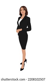 Beautiful business woman standing in formal office outfit - dark suit with skirt and high heels. Attractive female cartoon character. Vector realistic illustration  isolated on white background.