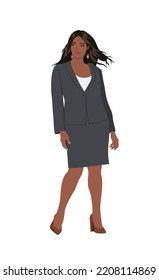 Beautiful business woman standing in formal office outfit - dark gray suit with skirt and high heels. Attractive female cartoon character. Vector realistic illustration  isolated on white background.