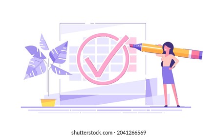 Beautiful business woman stands near big schedule with huge check mark on it and holds big marker on her shoulder. Concept done job, finished project, completed work. Time management. Modern vector.