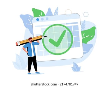 Beautiful business woman stands near big schedule with huge check mark on it and holds big marker on her shoulder. Concept done job, finished project, completed work. Time management. Modern vector