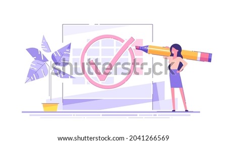 Beautiful business woman stands near big schedule with huge check mark on it and holds big marker on her shoulder. Concept done job, finished project, completed work. Time management. Modern vector.