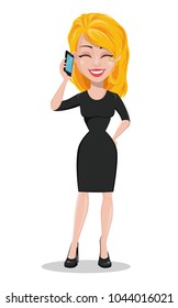 Beautiful business woman talking by smartphone. Blonde businesswoman in formal wear standing straight. Cute cartoon character. Vector illustration.