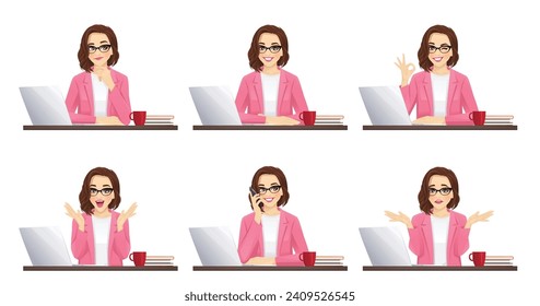 Beautiful business woman using laptop computer sitting at the desk in different poses set isolated vector illustration