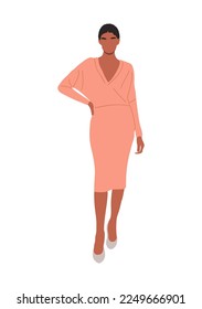 Beautiful Business woman vector Realistic illustration. Pretty black girl in smart casual office outfit - pink peach dress and high heels shoes. Cartoon female character isolated on white background.
