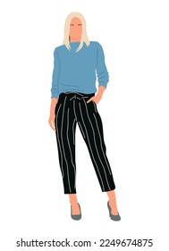 Beautiful Business woman vector Realistic illustration. Pretty blonde girl in smart casual office outfit - blue sweater and striped black pants. Cartoon female character isolated on white background.