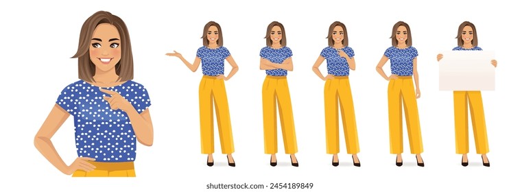 Beautiful business woman wearing bright clothes in different poses set. Various gestures pointing, showing, standing, holding empty blank board isolated vector illustration