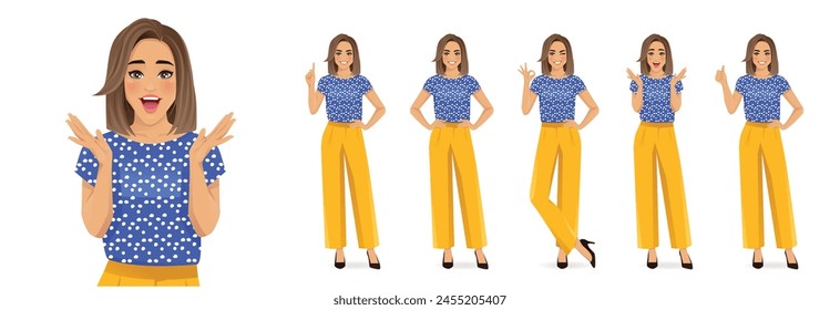 Beautiful business woman wearing bright clothes in different poses set. Various gestures surprised, pointing, standing, showing thumb up and ok sign isolated vector illustration