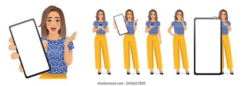 Beautiful business woman wearing bright clothes standing with phone in different poses, showing blank screens isolated vector illustration