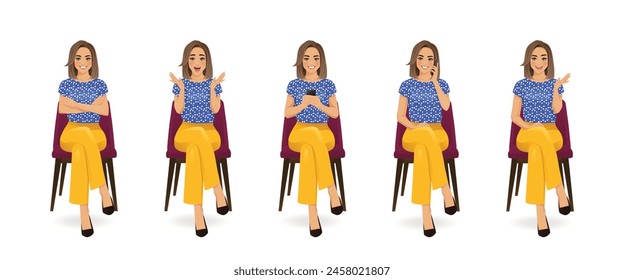 Beautiful business woman wearing bright clothes sitting in the chair different gestures set isolated vector illustration