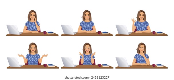 Beautiful business woman wearing bright clothes using laptop computer sitting at the desk in different poses set isolated vector illustration