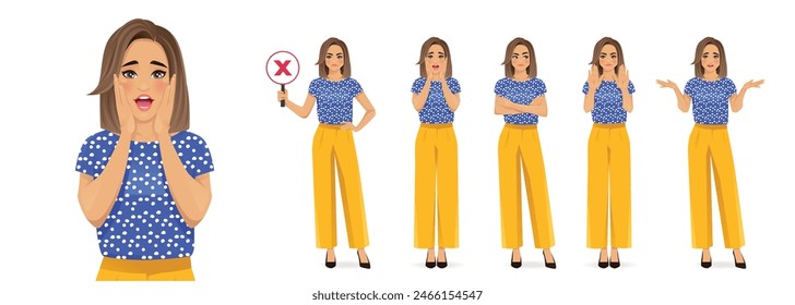 Beautiful business woman wearing bright clothes in different poses showing negative emotions with different gestures. Isolated vector illustration collection