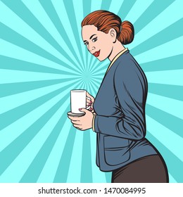 Beautiful business woman with your favorite cup of coffee. pop art kitsch thinks retro comic book illustration