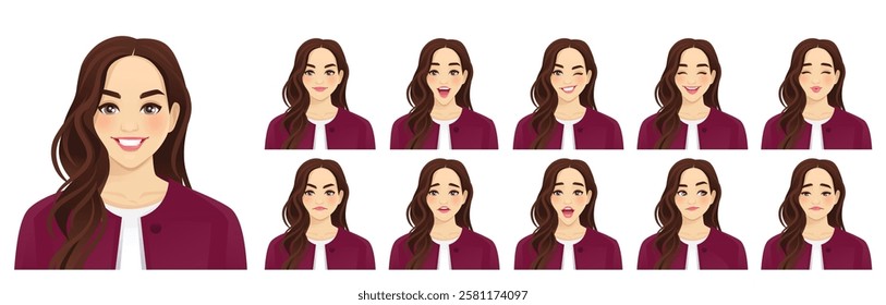 Beautiful business young woman. Different facial expressions set. Isolated vector illustration