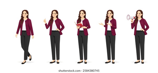 Beautiful business young woman standing half turn view different poses set. Standing, showing thumb up, talking, walking, speaking with megaphone, holding the book. Isolated vector illustration.
