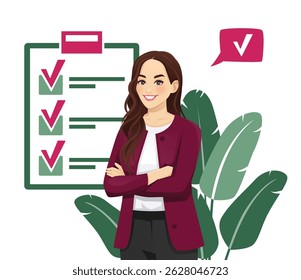 Beautiful business young woman standing together on checklist background. Vector illustration isolated
