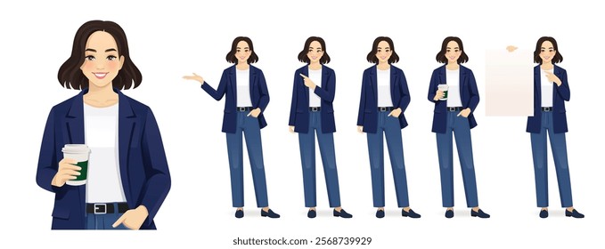 Beautiful business young woman wearing casual clothes in different poses set. Various gestures pointing, showing, standing with coffee, holding empty blank board. Isolated vector illustration