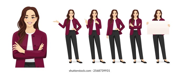 Beautiful business young woman wearing formal outfit in different poses set. Various gestures pointing, showing, standing, holding empty blank board. Isolated vector illustration