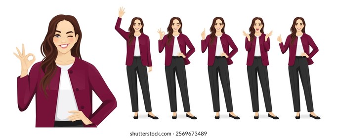 Beautiful business young woman wearing formal outfit in different poses set. Surprised, waving, standing with crossed hands, showing thumb up and ok sign. Isolated vector illustration