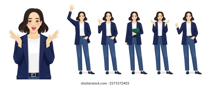 Beautiful business young woman wearing casual clothes in different poses set. Surprised, waving, standing with book, showing thumb up and ok sign. Isolated vector illustration