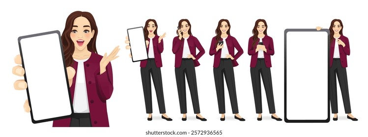 Beautiful business young woman wearing formal outfit holding mobile phone, talking, texting, thinking and showing empty screen isolated vector illustration