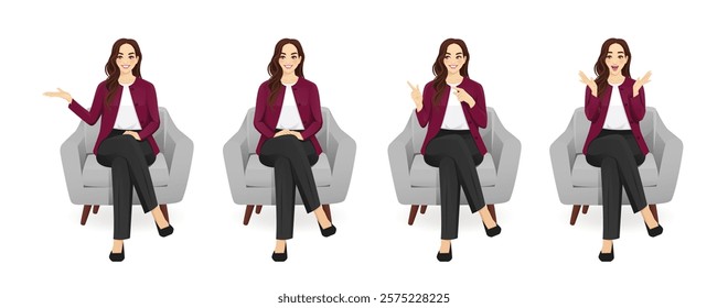 Beautiful business young woman wearing formal outfit sitting in armchair with different gestures. Isolated vector illustration set