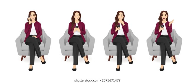 Beautiful business young woman wearing formal outfit sitting in armchair holding mobile phone, talking, texting, thinking with different gestures. Isolated vector illustration set