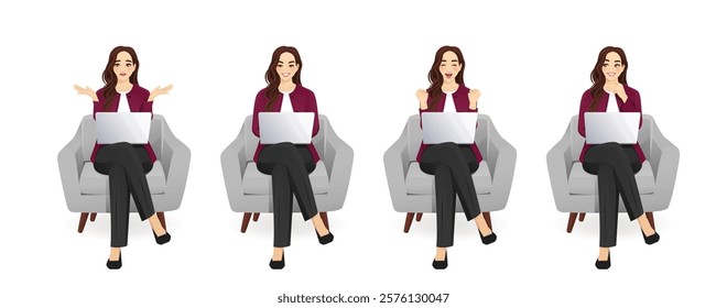 Beautiful business young woman wearing formal outfit sitting in armchair holding laptop computer with different gestures. Isolated vector illustration set