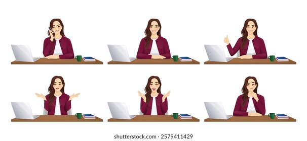 Beautiful business young woman wearing formal outfit using laptop computer sitting at desk in different poses. Isolated vector illustration set