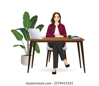 Beautiful business young woman wearing formal outfit using laptop computer sitting at desk. Full body isolated vector illustration