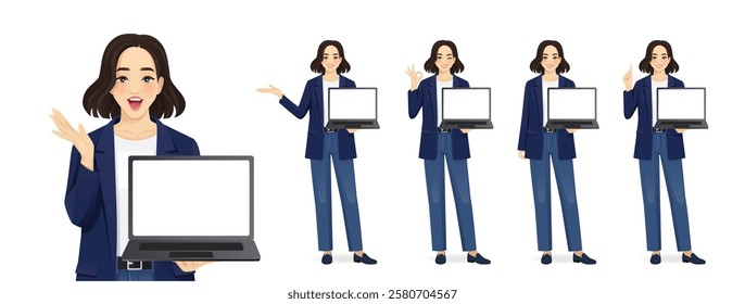 Beautiful business young woman wearing casual clothes showing blank screen laptop computer standing different posing isolated vector illustration
