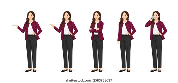 Beautiful business young woman wearing formal outfit standing half turn view different poses set. Standing, showing, pointing, talking on the phone. Isolated vector illustration.