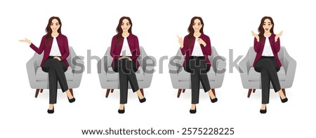 Beautiful business young woman wearing formal outfit sitting in armchair with different gestures. Isolated vector illustration set