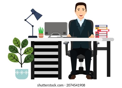 Beautiful businessman freelancer character siting on desk with modern office chair and table table lamp with pc laptop file folder with house plants isolated