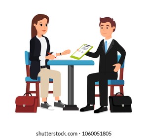 Beautiful businesswoman and businessman in suits sitting in a cafe and passing contract document with pen. Work meeting concept. Teamwork. Closing deal successful. Flat vector character illustration.