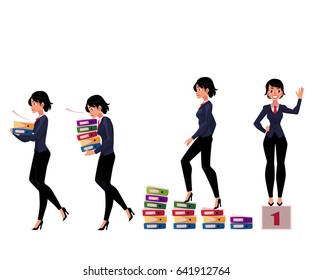 Beautiful businesswoman carrying folders, success, winning, career ladder, cartoon vector illustration isolated on white background. Caucasian businesswoman in various business situations