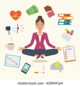 Beautiful Businesswoman Doing Yoga To Calm Down Surrounded By Work And Stress Factors Icons. Antistress Concept Poster. Vector Illustration.