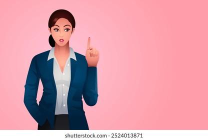 Beautiful businesswoman exuding confidence and elegance in stylish formal suit, depicts her pointing up, symbolizing aspiration and direction