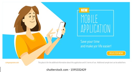 Beautiful businesswoman looking at smartphone display. Friendly cartoon female character girl face. Flat. Mobile application advertising banner template with copyspace pleace. Vector illustration.