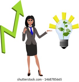 Beautiful businesswoman pointing to successful idea from lamp with growing green plant and arrow raising up. Vector illustration for successfull business concept idea