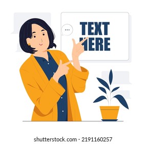 Beautiful Businesswoman showing and pointing fingers upper left and right corner with happy expression advices use this copy space wisely concept illustration