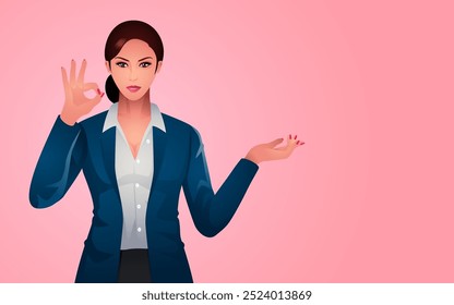 Beautiful businesswoman in stylish formal suit presenting your product with making and showing perfect hand sign