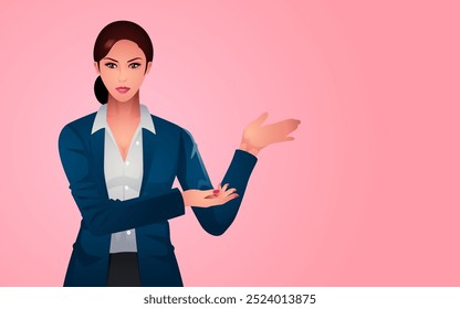 Beautiful businesswoman in stylish formal suit presenting a product with a two handed gesture